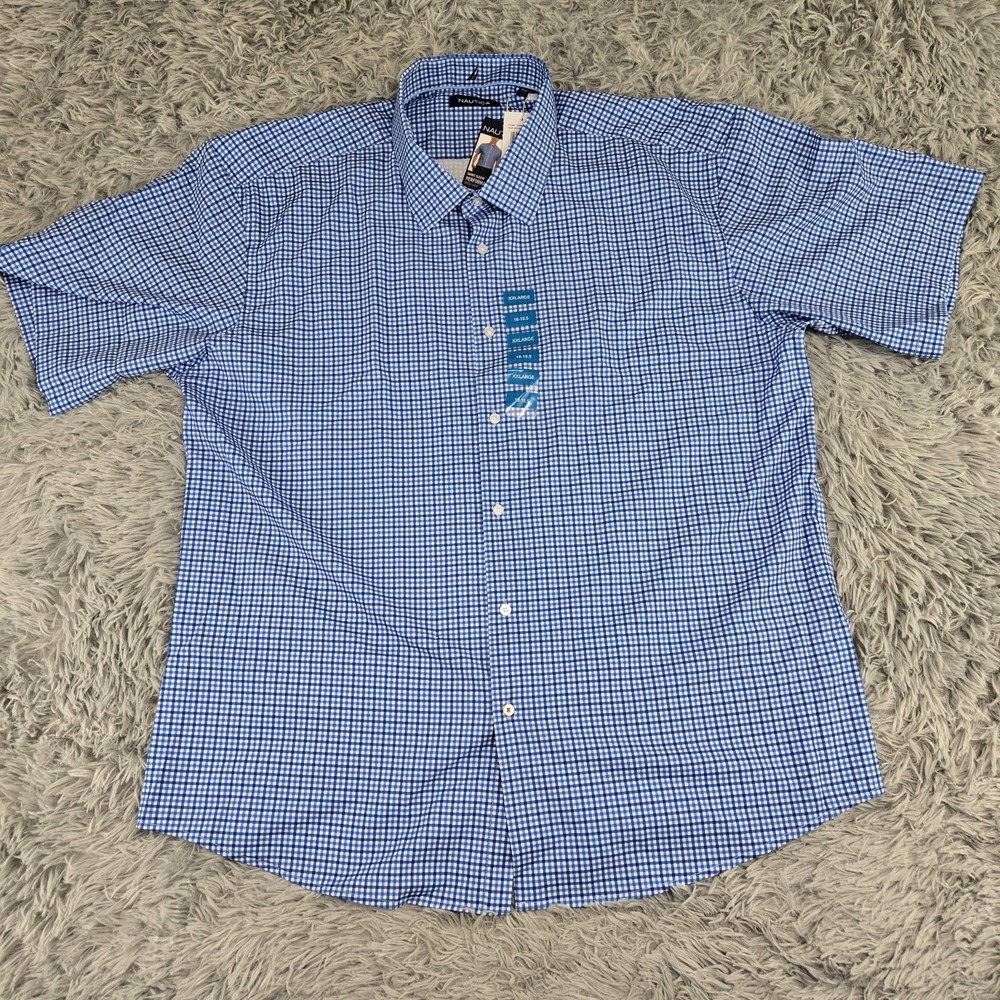 Nautica Mens XXL Blue White Gingham Performance Short Sleeve Dress Shirt - Picture 2 of 8